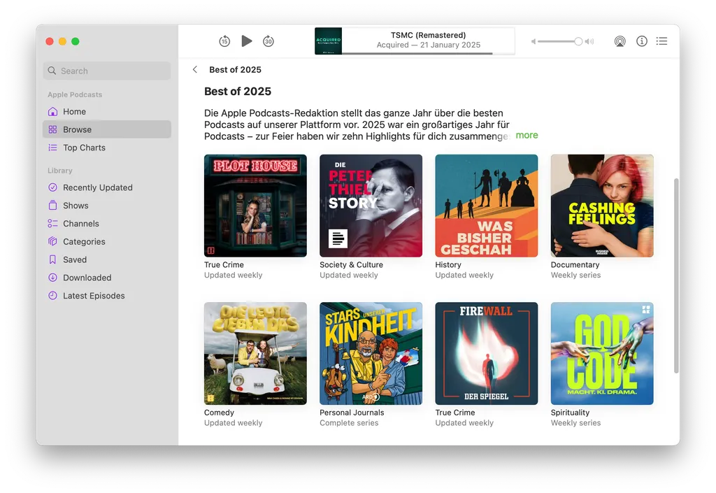 Screenshot of the Apple Podcasts "Best of 2025" page revealing Apple's editorial picks. Notably, all eight featured podcasts are German language shows, including "Die Peter Thiel Story," "Was Bisher Geschah," "Firewall" (Der Spiegel), and "God Code: Macht. KI. Drama." Despite being a global platform's "best of" list, the entire selection consists exclusively of German content across categories like True Crime, History, Comedy, and Documentary.