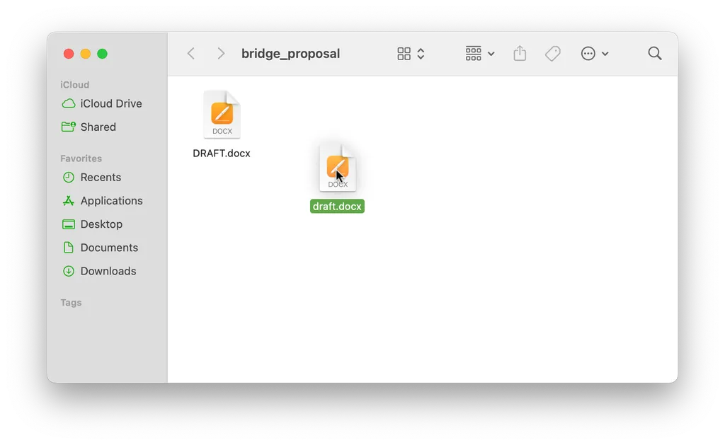 a screenshot of dropping a file 'draft.docx' into a directory already containing the file 'DRAFT.docx'